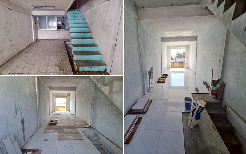 ชั้นล่าง ปูกระเบื้องใหม่ ทาสีใหม่