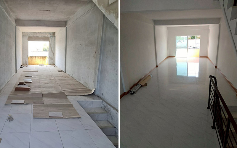 ปูกระเบื้องใหม่ตรงชั้นลอยที่เทเพิ่ม