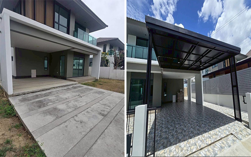 เทพื้น ปูกระเบื้อง ทำหลังคาโรงรถหน้าบ้าน