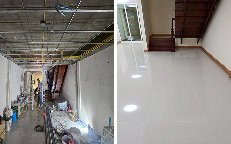 งานเดินระบบไฟฟ้าและโครงฝ้าเพดาน (ระหว่างก่อสร้าง) เทียบกับห้องที่เสร็จสมบูรณ์ - พื้นกระเบื้องขาวเงาสะท้อนแสง