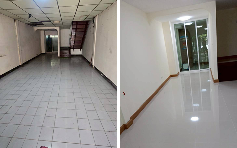 ชั้นล่าง ก่อนและหลังรีโนเวท — เปลี่ยนจากกระเบื้องเก่าสีเทาหม่น เป็นกระเบื้องสีขาวมันเงาขนาด 60x60 ซม.