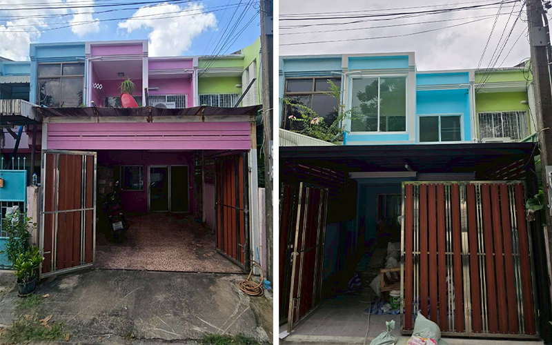 ด้านหน้าบ้านก่อนและหลังรีโนเวท - เปลี่ยนสีใหม่เป็นโทนฟ้า-เขียว พร้อมติดตั้งหน้าต่างอลูมิเนียมบานเลื่อนทั้งชั้น 1 และชั้น 2