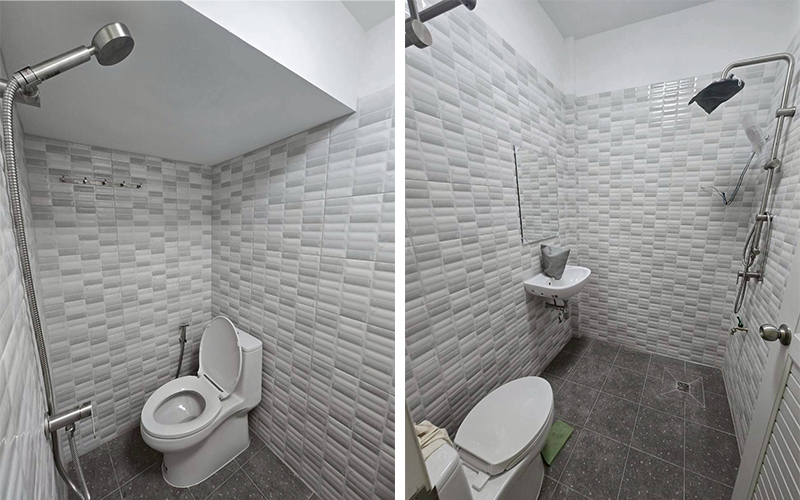 ห้องน้ำหลังรีโนเวท - ปูกระเบื้องผนัง 3D ลายนูนสีขาว-เทา พร้อมชุดสุขภัณฑ์ใหม่ทั้งชุด