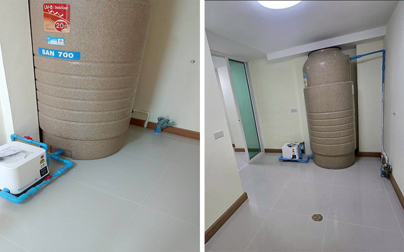 ห้องเก็บน้ำพร้อมถังน้ำ SAN 700 ลิตร และปั๊มน้ำอัตโนมัติ - ติดตั้งระบบท่อ PVC ใหม่ทั้งหมด