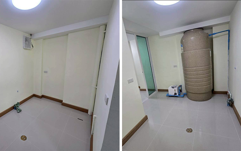 มุมมองรวมห้องเก็บน้ำ - พื้นกระเบื้องขาว ผนังเรียบ พร้อมใช้งาน