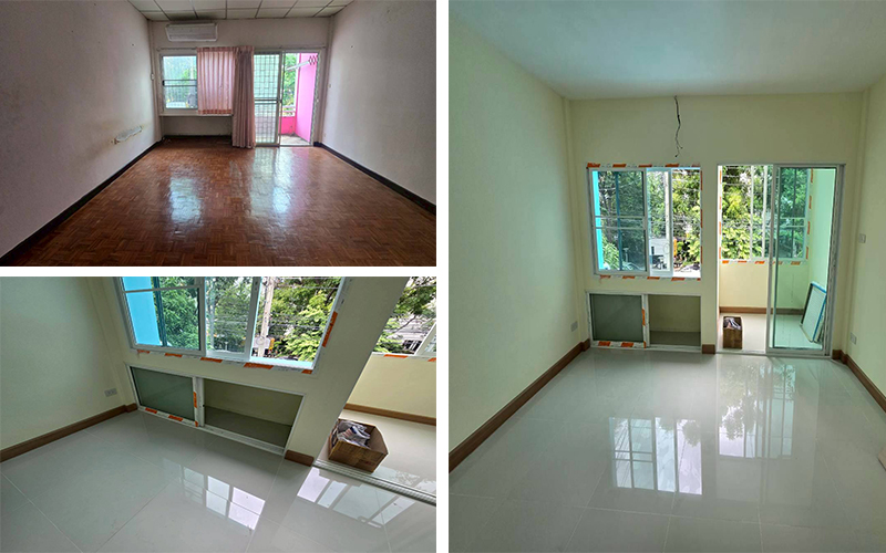 ห้องชั้น 2 ก่อนและหลังรีโนเวท - เปลี่ยนพื้นไม้เก่าเป็นกระเบื้องขาวเงา ทาสีผนังใหม่ เปลี่ยนหน้าต่างบานเลื่อน