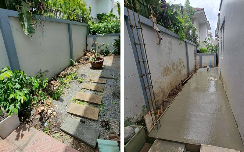 พื้นที่ข้างบ้านก่อนก่อสร้างและหลังเทพื้นคอนกรีตเรียบร้อย - เคลียร์พื้นที่สวนเก่าออกทั้งหมด เพื่อเตรียมก่อสร้างห้องต่อเติม