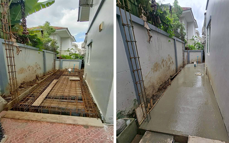 วางโครงเหล็กเสริมแรงและเทฐานราก พร้อมกับงานเทพื้นคอนกรีตข้างบ้าน — รากฐานแข็งแรงได้มาตรฐาน