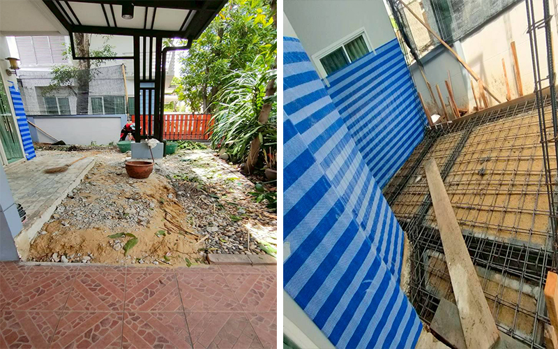 เตรียมพื้นที่หน้าบ้านและเดินท่อระบบก่อนเทพื้น และโครงเหล็กเสริมแรงพื้นชั้น 2 พร้อมแบบหล่อ