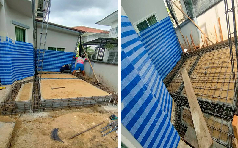 ขั้นตอนการก่อสร้างโครงสร้างพื้นและผนัง - ช่างทำงานบนโครงเหล็กเสริมแรง ก่อนเทคอนกรีตพื้นชั้น 2