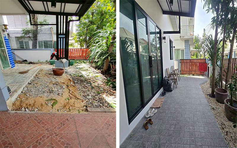 พื้นที่ว่างด้านข้าง เทียบกับหลังต่อเติมเป็นห้องสำเร็จ ติดตั้งบานเลื่อนอลูมิเนียมกระจกดำ