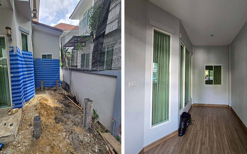 เปิดหน้าดินวางเสาเข็ม เทียบกับห้องต่อเติมหลังเสร็จสมบูรณ์ พื้นไม้ลามิเนต ผนังสีเทา บานเลื่อนกระจกสีเขียว