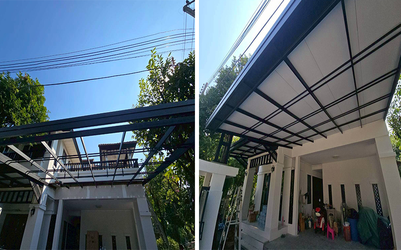 ภาพเปรียบเทียบก่อนและหลัง ติดตั้งโครงหลังคาโรงจอดรถหน้าบ้าน พร้อมงานกรุฝ้าเพดานเรียบร้อย