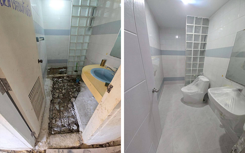 ภาพก่อนและหลังรีโนเวทปรับปรุงห้องน้ำปูกระเบื้องใหม่
