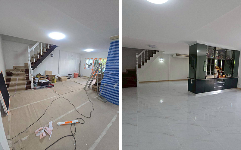 ภาพเปรียบเทียบห้องโถงกลางบ้านช่วงกำลังก่อสร้างกับงานหลังเสร็จสิ้น